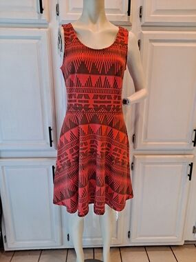 New York & Co Orange Brown Geometric Midi Cotton Sleevless Tank Skater Dress